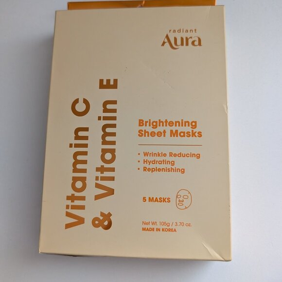 Aura Radiant Vitamin C & Vitamin E Sheet Masks 5 Pack Wrinkle Reducing Hydrating - Picture 5 of 5